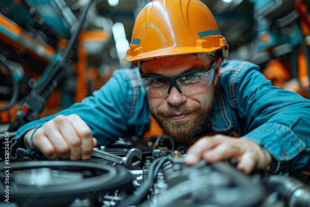 Poster a focused worker inspects machinery in a factory setting, embodying dedication and precision in a pr