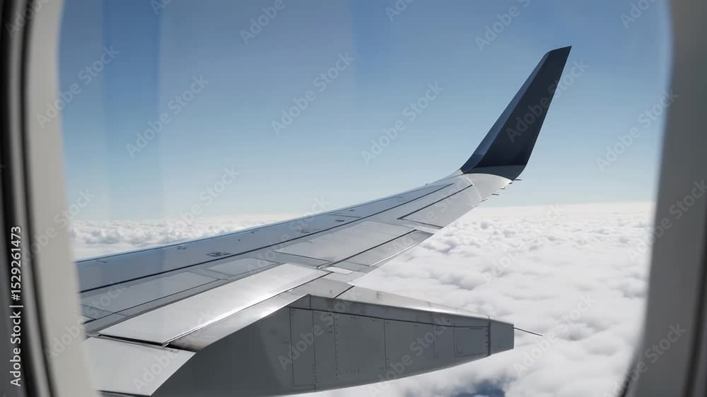 Poster airplane wing soaring above white clouds through an airplane window, creating a sense of freedom and