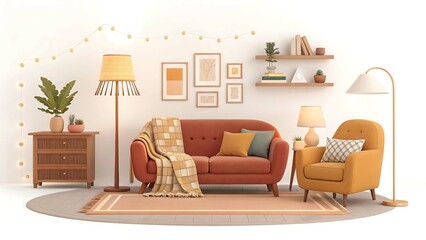 Cozy mid century modern living room setup isolated on white background