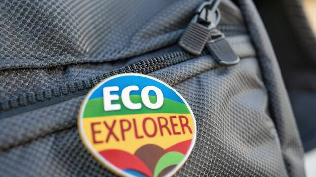 A colorful "Eco Explorer" badge is pinned to a textured gray backpack, symbolizing adventure and environmental awareness.