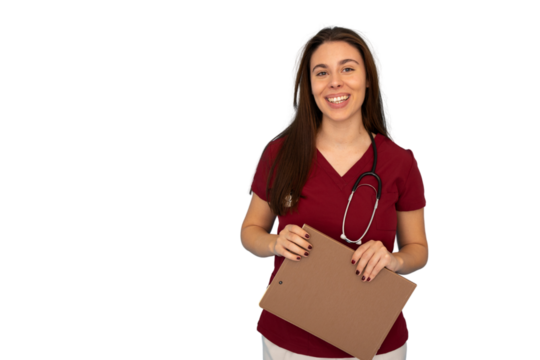 Happy healthcare professional holding a clipboard, smiling on a transparent background, ready to be keyed
