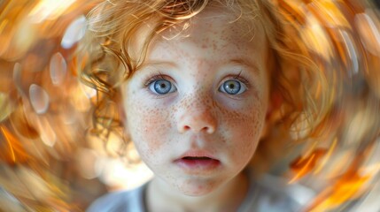 A close-up of a curly-haired child with striking blue eyes and freckles, capturing a moment of curiosity and wonder in a warm autumn setting.