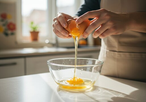 Hands Cracking Egg For Cooking Close Up Breaking Shell Into Bowl Food Preparation Breakfast Recipe Concept Photo