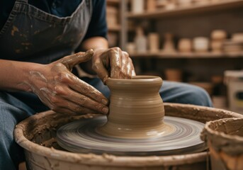 Potter Hands Shaping Clay On Wheel Close Up Pottery Craft Workshop Handmade Art Concept Photo