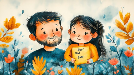 Father with daughter. the background, The background is blue with flowers and leaves and the text "Best Dad Ever". Greeting card, banner, poster. 