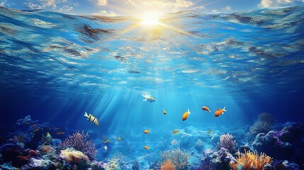 Naklejka premium Vibrant Blue Ocean Scene with Sunlight Piercing Through to a Thriving Coral Reef