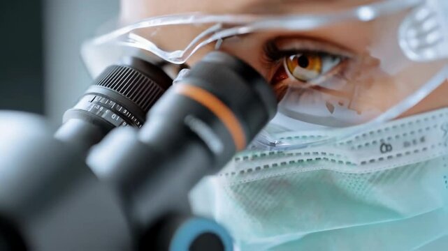 Close up view of a woman scientist or researcher looking through a microscope in a laboratory, medical research footage.