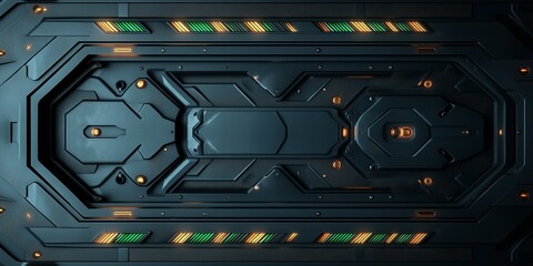 Obraz premium Dark Futuristic Sci-Fi Panel with Glowing Neon Green and Orange Lines
