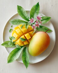 Fresh mango with leaves and flowers beautifully arranged.