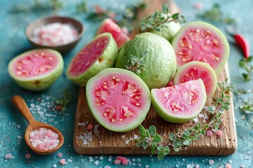 Fresh guava slices with herbs on a wooden cutting board.