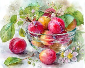 Fresh plums in a clear bowl with delicate blossoms and leaves.