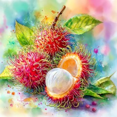 Vibrant rambutan fruit with colorful background, a tropical delight.