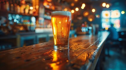 A refreshing glass of golden beer glistens under warm lighting on a rustic wooden bar, inviting patrons to enjoy a chilled drink in a lively pub atmosphere.