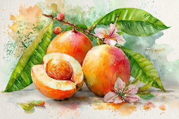 Delicious watercolor illustration of fresh peaches with blossoms.