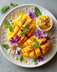 Vibrant sliced mango garnished with flowers and mint leaves.