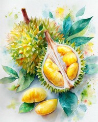 Vibrant watercolor illustration of durian fruit and leaves.