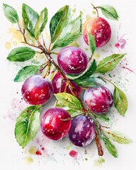 Vibrant watercolor painting of fresh plums on a branch.