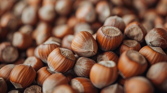 A close-up view of a large pile of hazelnuts showcases their rich brown shells, highlighting their texture and inviting you to appreciate their wholesome nature.