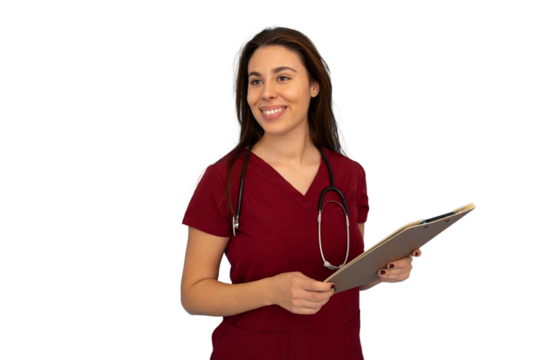 Young female doctor wearing maroon scrubs and stethoscope holding a clipboard and smiling while looking away, isolated on transparent background