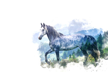 森と馬の多重露光イメージ,Generative AI,AI画像