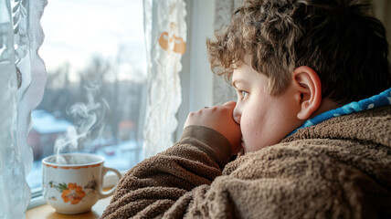 Young caucasian boy gazes out of a frosty window with curiosity as steam rises from a mug, capturing the warmth and coziness of winter indoors. Overweight teen boy