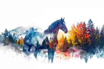 森と馬の多重露光イメージ,Generative AI,AI画像