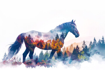 森と馬の多重露光イメージ,Generative AI,AI画像