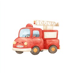 Obraz premium Adorable Watercolor Firetruck Illustration, Happy and Cheerful Design, Perfect for Kids