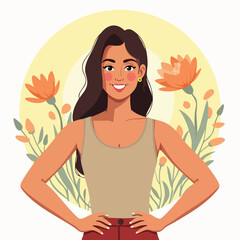 Calm Woman Standing in Nature – Peaceful Flat Illustration of Woman