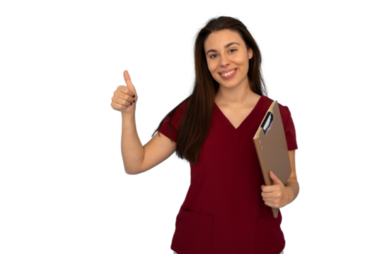 Confident medical professional showing approval with thumbs up gesture while holding a clipboard, isolated on transparent background