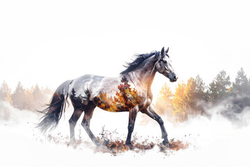 森と馬の多重露光イメージ,Generative AI,AI画像