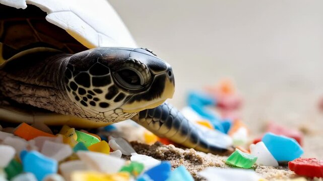 Close-up view of a baby turtle emerging from its cracked egg surrounded by tiny colorful plastic pieces on a light tan background.