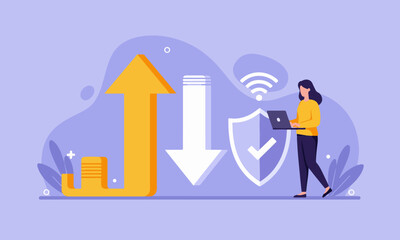 Efficient and Secure Wireless Data Transfer. Woman with laptop, up/down arrows, and secure Wi-Fi shield: efficient and secure wireless data transfer.
