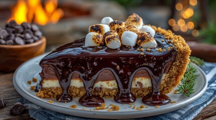 Gooey Chocolate Cheesecake Slice with Toasted Marshmallows and Graham Cracker Crust, Campfire Treat