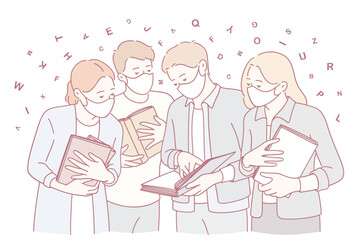 A diverse group studying and sharing knowledge while wearing masks, symbolizing education and safety.