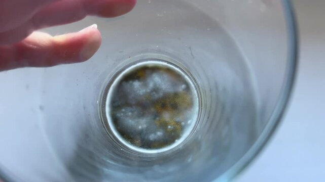 Close-up of a hand holding a transparent glass with spoiled coconut milk residue at the bottom, showing visible mold growth. Unpleasant look, perfect for food safety or waste-related content.