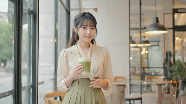 カフェで笑顔の日本人女性、ブレイクタイム、自然光溢れるカフェ
