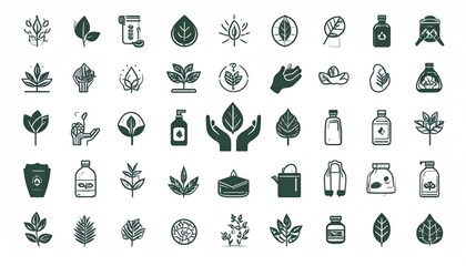 Monochrome vector icons featuring diverse botanical elements and organic product concepts