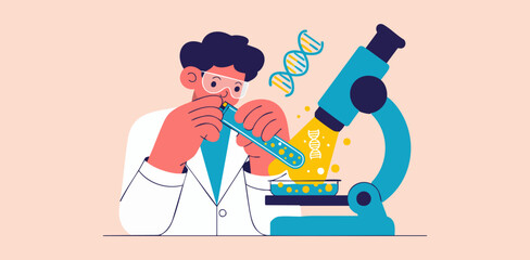 scientist with microscope in laboratory, vector illustration for medical research and laboratory discovery
