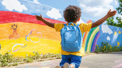Young african child joyfully embraces a colorful wall mural adventure with a blue backpack outdoors on a sunny day