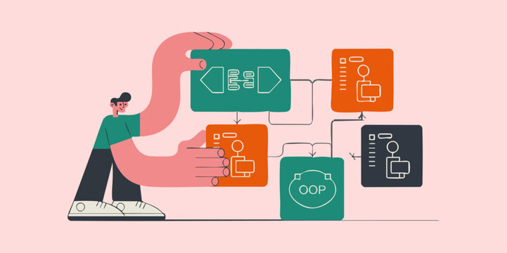 developer arranging connected programming blocks vector illustration, the concept of visual programming and code logic structuring, workflow automation and software design