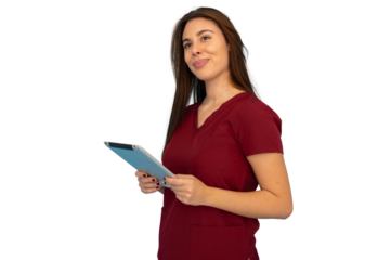 Confident young nurse holding digital tablet and looking up, isolated on transparent background