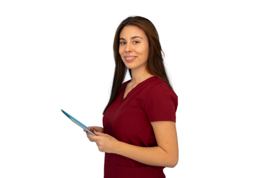 Confident medical professional holding a tablet, showcasing expertise and care on a transparent background