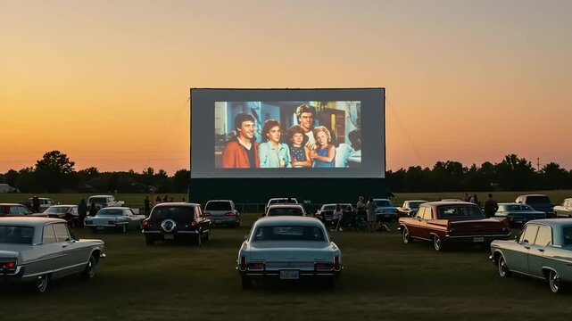 Vintage drive-in movie theater scene at sunset with classic cars and a film screening in the background