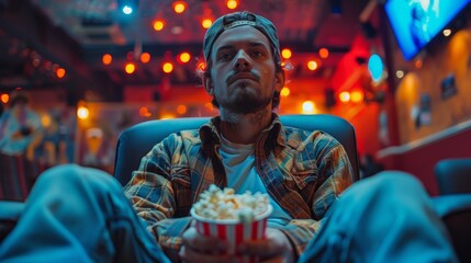 A young man sits in a cinema chair, deeply engaged in a movie while enjoying a bowl of popcorn, surrounded by vibrant atmosphere and soft glowing lights.