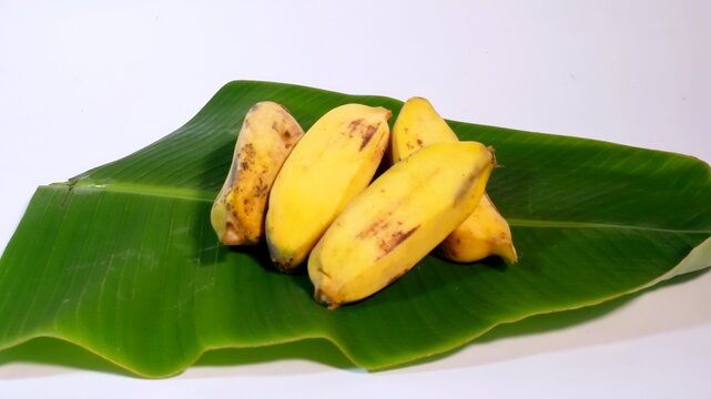 Close-up of a bunch of Pisang Kepok (Asian plantain variety) bananas in mixed ripe and unripe stages, displayed on a green banana leaf over a soft neutral background. 