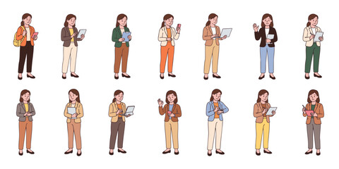 Hand-drawn vector set of modern female professionals in business outfits using gadgets. Women standing with tablets, phones, laptops, and documents. Clean line art on white background