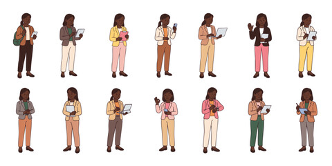 Hand-drawn vector set of African American female professionals in business attire using digital devices. Women in standing poses with laptops, phones, tablets, and folders. Line art isolated on white