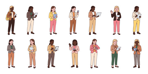 Vector illustration set of multicultural female office workers using digital devices. Hand-drawn characters in business clothes holding laptops, phones, and documents. Clean line art isolated on white