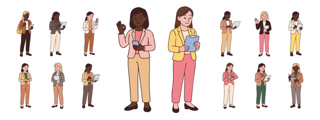 Vector illustration set of multicultural female office workers using digital devices. Hand-drawn characters in business clothes holding laptops, phones, and documents. Clean line art isolated on white